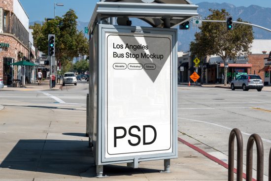 Los Angeles bus stop mockup with clear signage, urban setting, editable PSD file for advertising designs, Photoshop ready for designers.